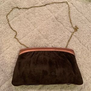 Vintage Morris Moskowitz Brown Suede Clutch w/Metallic Trim and Chain